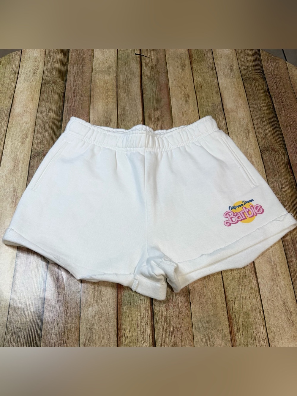 Barbie White Elastic-Waist Logo Athletic Shorts with Pink Accent